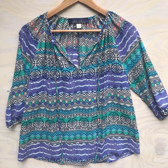 Blue pair 3/4 sleeve tie front tunic, boho print - Picture 1 of 6